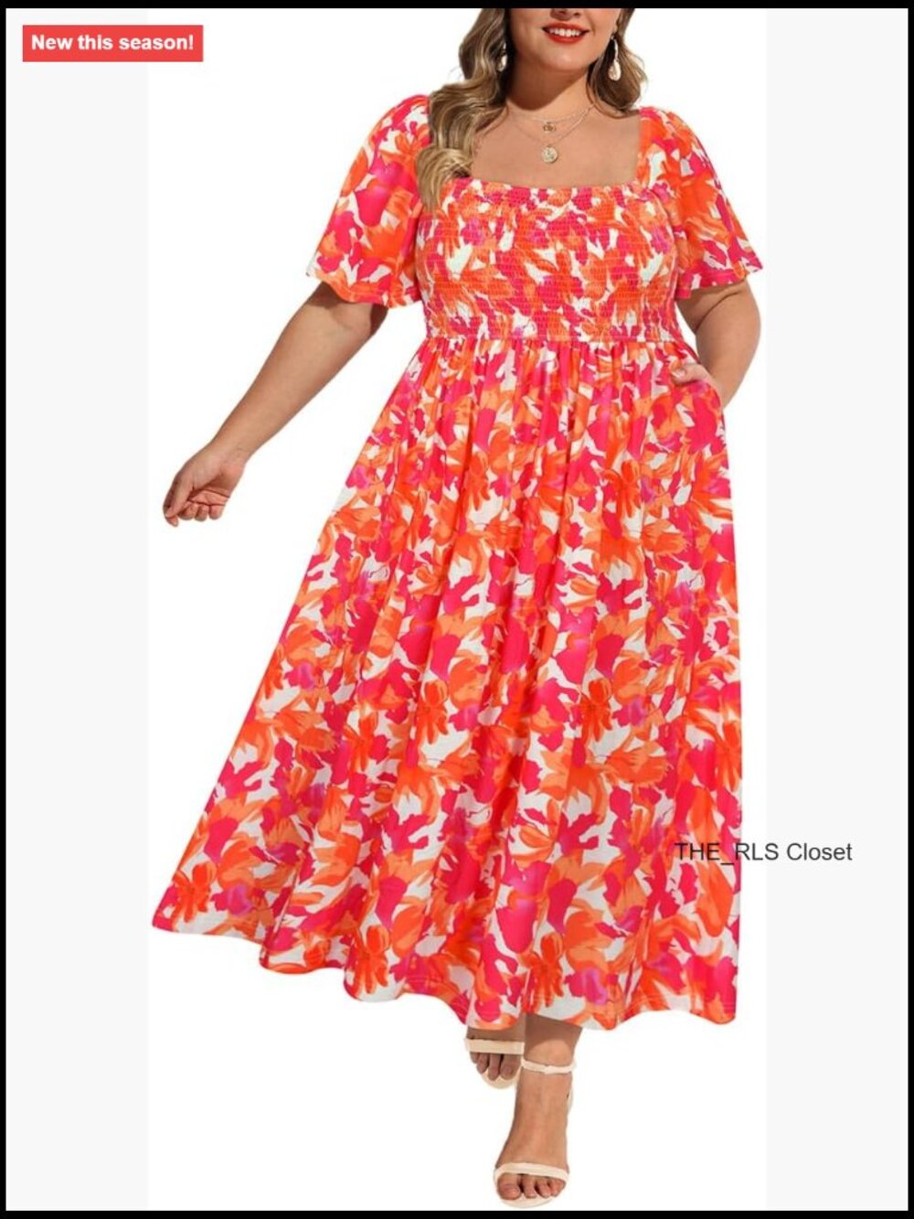 Polyester Spandex Plus Size Maxi Dress with Pockets Smocked Waist